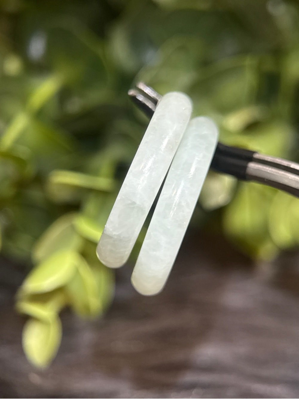 14K Gold Trim Pale Green Jade Hoop Earrings - Picture 6 of 9